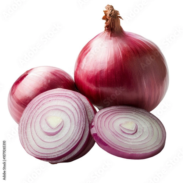 Fototapeta Fresh red sliced onions arranged on a transparent background, showcasing vibrant colors and textures for culinary use, red sliced onions isolated on transparent background