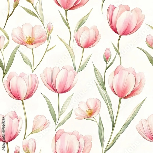 Fototapeta A delicate floral pattern featuring various pink tulips on a soft white background, evoking a fresh and serene atmosphere.