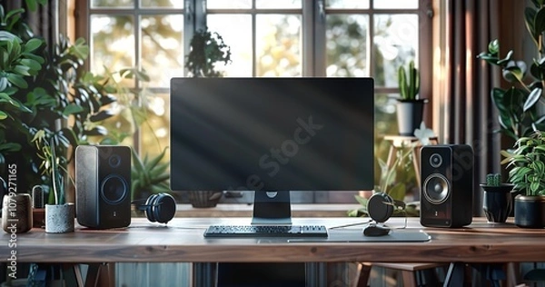 Fototapeta With a blank monitor, keyboard, mouse, speakers, and headphones, this modern, realistic workspace is equipped. At-home workspace close to the window, Generative AI.