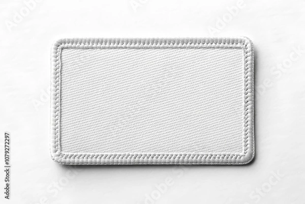 Fototapeta Blank rectangular fabric patch mockup with stitched border on white background, perfect for branding design.