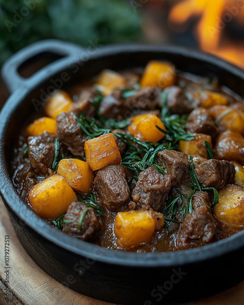 Fototapeta Rustic cast iron pot with stew over a fire, captured in natural lighting. Perfect for culinary visuals, rustic cooking themes, or traditional recipes
