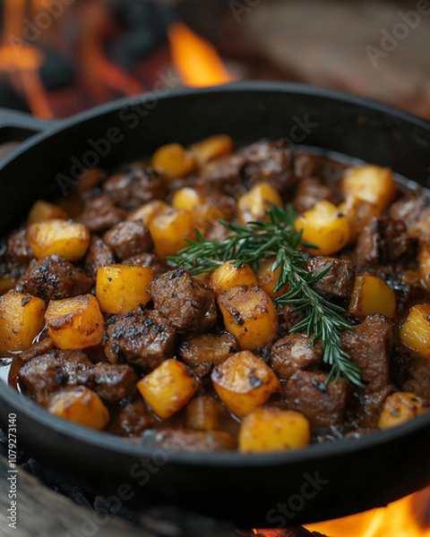 Fototapeta Rustic cast iron pot with stew over a fire, captured in natural lighting. Perfect for culinary visuals, rustic cooking themes, or traditional recipes