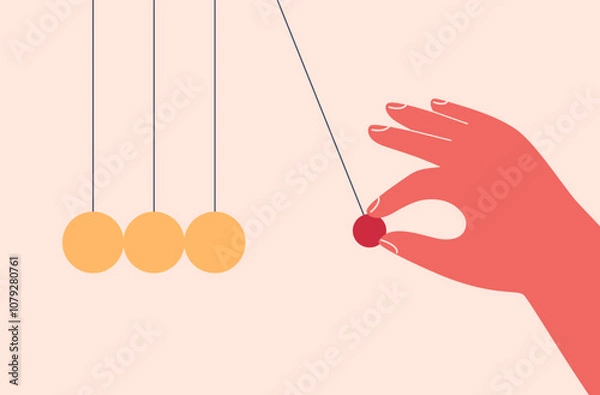 Obraz Hand pushing a pendulum. Leader or business partner initiates changes or beginnings, setting the pace and direction for the company. Vector illustration