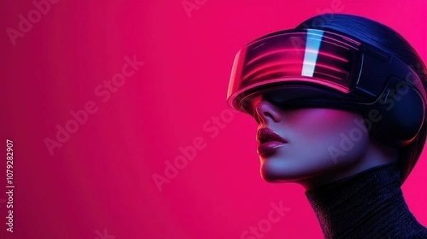 Obraz A woman explores an advanced virtual reality experience, her headset glowing brilliantly amidst a striking pink background that enhances the tech vibe of the moment