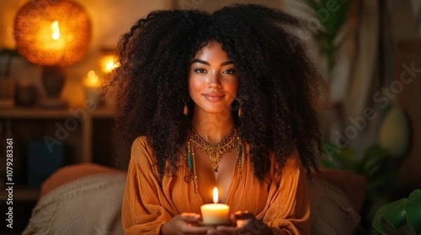 Obraz woman with voluminous curly hair is seated in a warmly lit space, gently cradling a glowing candle in her hands, surrounded by an inviting atmosphere and decorative elements
