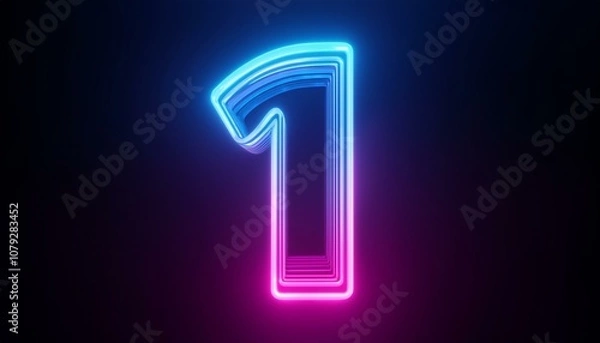 Fototapeta 3d render number one glowing in the dark pink blue neon light