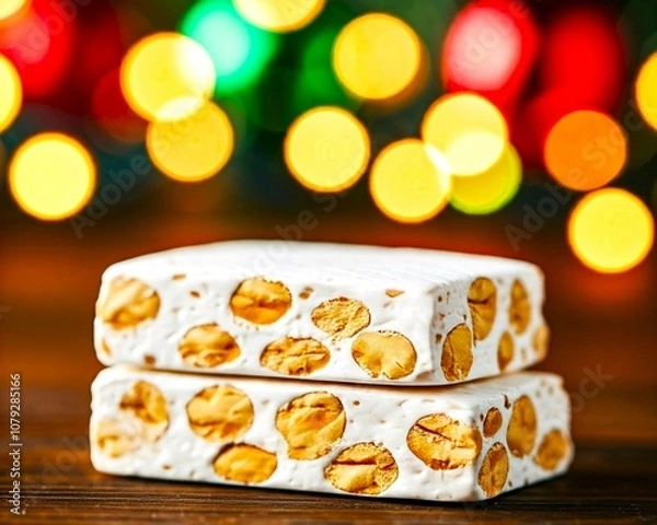 Fototapeta Close-up of a delicious marzipan nougat, highlighting its smooth and creamy texture. Defocused background with Christmas lights and festive decorations
