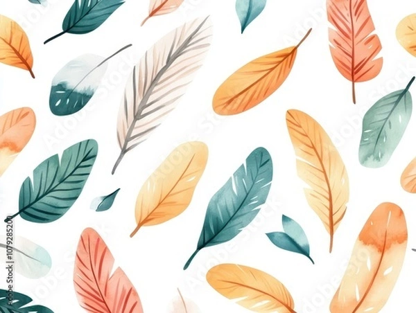 Fototapeta Watercolor feather pattern with vibrant autumn colors.