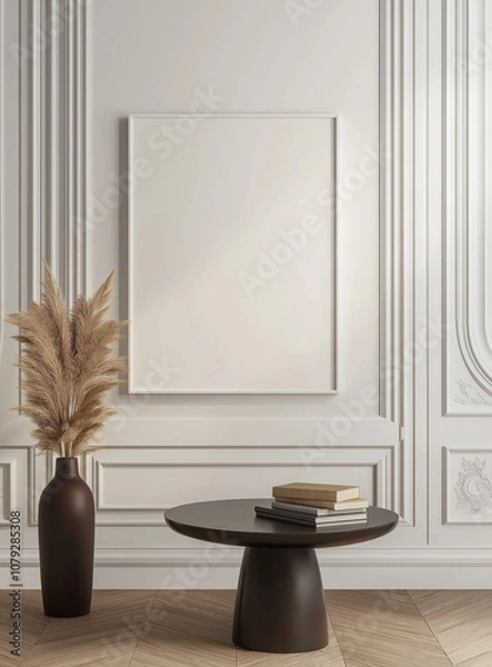Fototapeta  Large white picture frame on an empty wall with a round table in front holding books and a vase, in a minimalistic interior. Perfect for design visuals or modern decor themes
