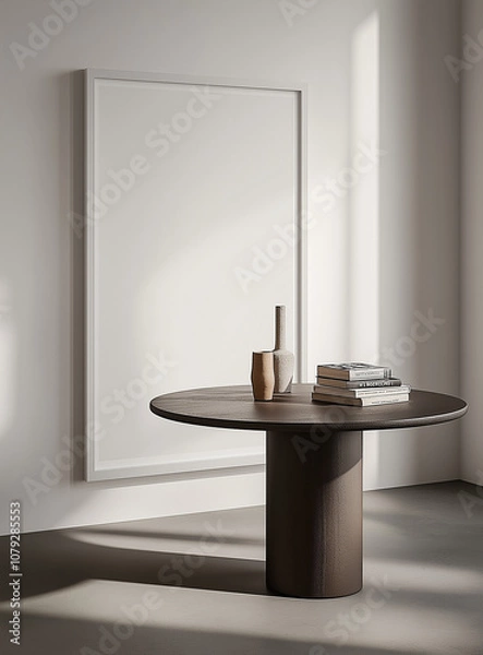 Fototapeta  Large white picture frame on an empty wall with a round table in front holding books and a vase, in a minimalistic interior. Perfect for design visuals or modern decor themes