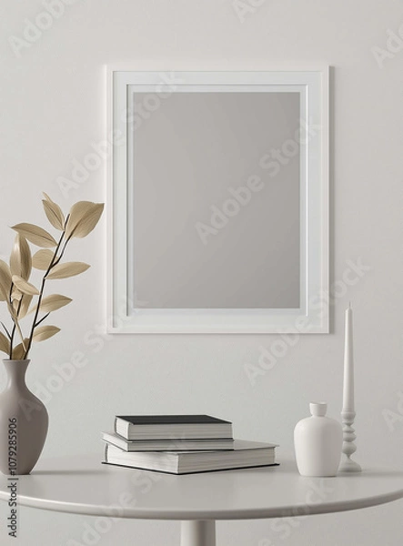 Fototapeta  Large white picture frame on an empty wall with a round table in front holding books and a vase, in a minimalistic interior. Perfect for design visuals or modern decor themes