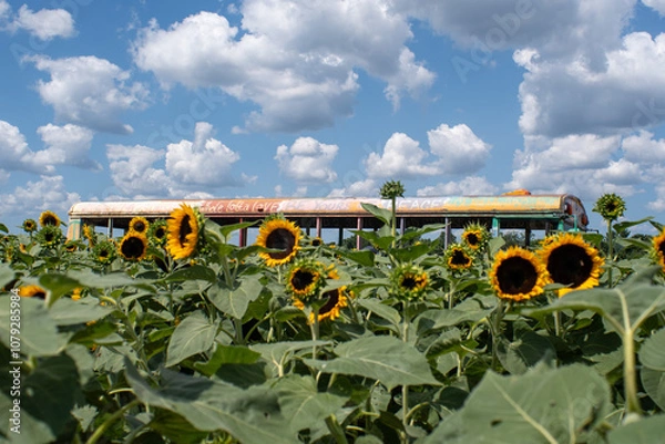 Obraz Sunflower field in front of an abandoned bus