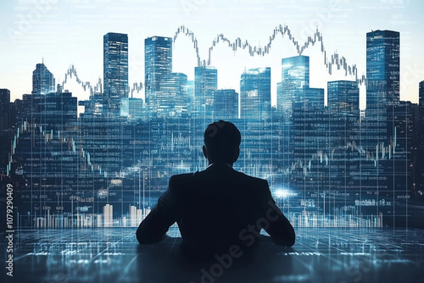 Fototapeta Business professional analyzing data trends against a city skyline during evening hours