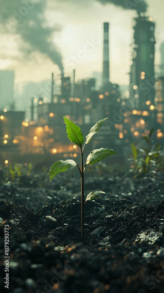 Fototapeta Emerging life near industrial smokestacks symbolizes hope, resilience, and environmental renewal amidst pollution