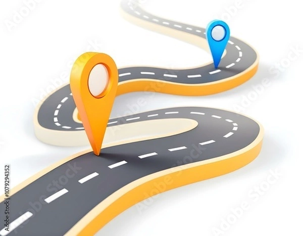 Fototapeta 3D Curved Road with Colorful Milestone Markers and Dashed Lines – Minimalist Journey, Roadmap, Project Timeline Illustration