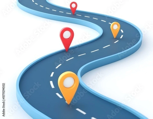 Fototapeta 3D Curved Road with Colorful Milestone Markers and Dashed Lines – Minimalist Journey, Roadmap, Project Timeline Illustration