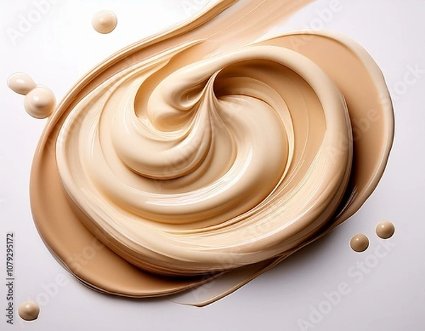 Fototapeta close up of smooth beige foundation cream swirls on a white background perfect for beauty and makeup concepts