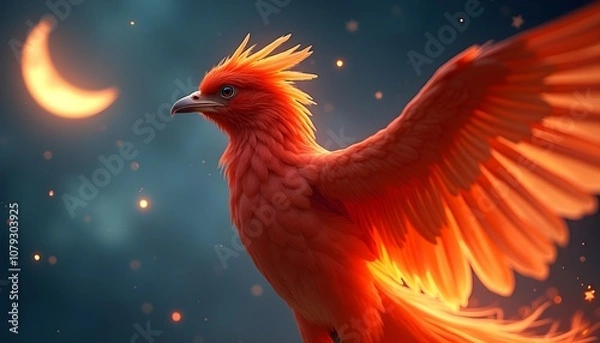 Obraz Fiery Phoenix Bird Red Flames and Exotic Beauty Against the Night Sky and Moon in a Fantasy Setting