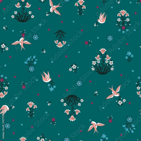 Fototapeta vector seamless gentle romantic little ditsy pattern, wild flowers symmetric bouquets, flying swallow birds, summer mood, colorful background allover print.