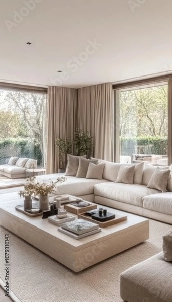Fototapeta Modern Living Room with Neutral Colors, White Sofa, and Large Windows with a Green View.