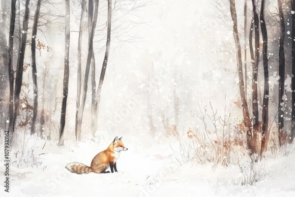 Obraz A fox is sitting in the snow in a forest