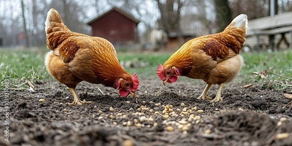 Fototapeta Two Brown Hens Foraging in a Garden Under Cloudy Skies Near a Rustic Barn in Early Spring