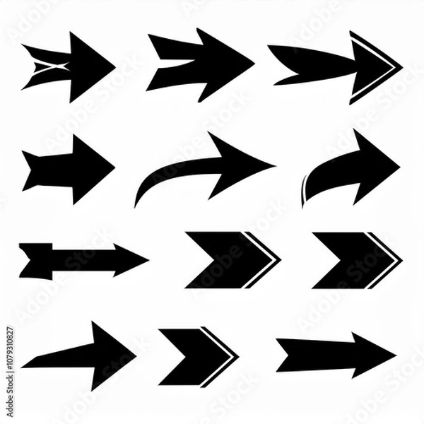 Obraz Set of Directional Arrows black white silhouette, contrast image isolated on white background