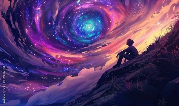 Fototapeta view of human silhouette exploring the galaxy looking under the sky amidst the stars ai generated