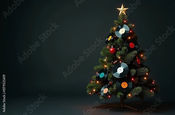 Fototapeta A Christmas tree adorned with vinyl records, ornaments, and lights on a dark background. Concept of music-themed holiday celebration