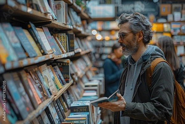 Fototapeta A man with gray hair browses a shelf full of books in a cozy bookstore, taking his time to choose. Soft lighting enhances the inviting atmosphere as other patrons also explore