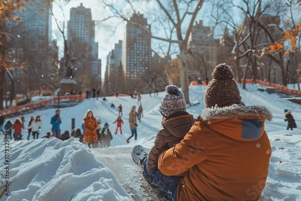 Fototapeta A family sits on a sled, preparing to slide down a snow-covered hill in Central Park. Nearby, others engage in winter fun, showcasing the joy of the season in the city
