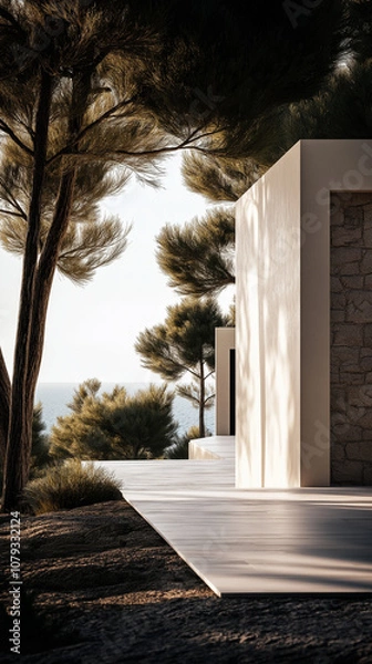 Fototapeta Hyper-realistic view of a modern Mediterranean villa by the sea, with white slabs, Charlotte stone walls, glass facades, and warm lighting in a pine forest setting. Perfect for refined architecture