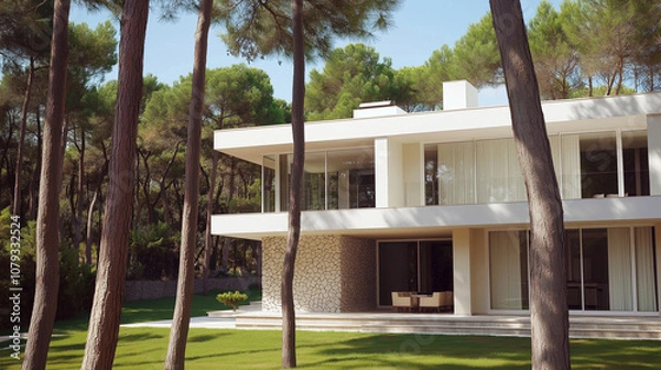 Fototapeta Hyper-realistic view of a modern Mediterranean villa by the sea, with white slabs, Charlotte stone walls, glass facades, and warm lighting in a pine forest setting. Perfect for refined architecture