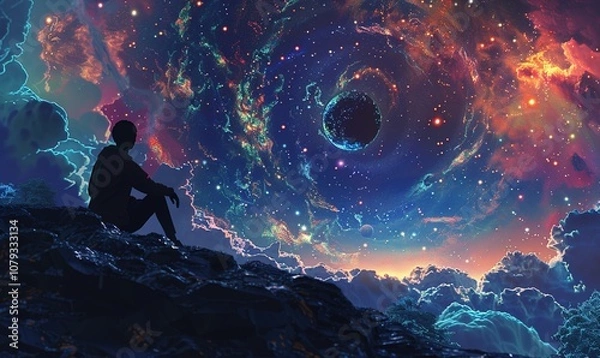 Fototapeta view of human silhouette exploring the galaxy looking under the sky amidst the stars ai generated