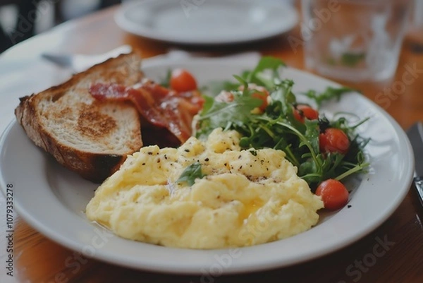 Fototapeta A plate with bacon, toasted bread, scrambled eggs and salad
