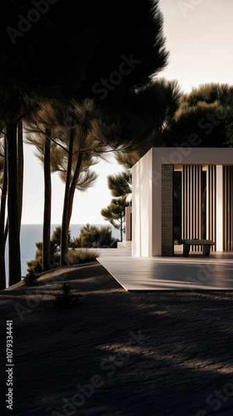 Fototapeta Hyper-realistic view of a modern Mediterranean villa by the sea, with white slabs, Charlotte stone walls, glass facades, and warm lighting in a pine forest setting. Perfect for refined architecture
