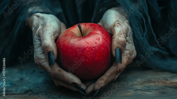Fototapeta A mysterious figure in dark attire holding a glistening red apple in an eerie, atmospheric setting during twilight