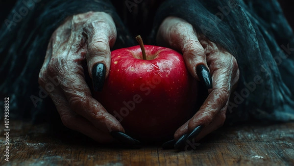 Fototapeta A mysterious figure holds a red apple in an eerie, atmospheric setting