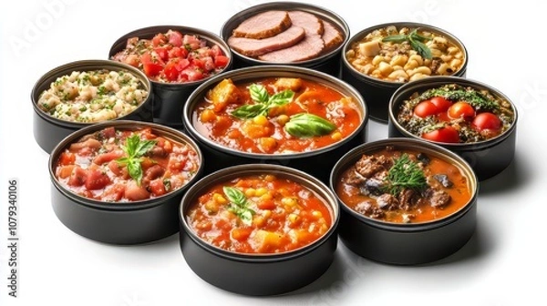 Obraz A photorealistic 8K collection of generic labeled food tins—tomatoes, beans, tuna, and soup—isolated on white in hypermaximalist advertising style