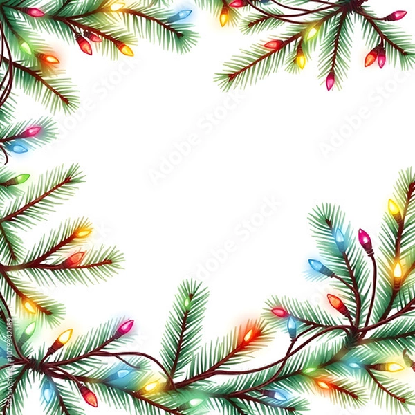 Fototapeta Christmas tree branches with lights watercolor frame on white background. Generative AI