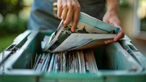 Fototapeta A person organizing papers into a green storage bin during a sunny day in a backyard garden, showcasing a tidy gathering of documents