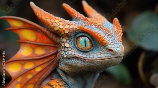 Fototapeta A close-up of a small, colorful dragon with orange and yellow scales and a green eye.