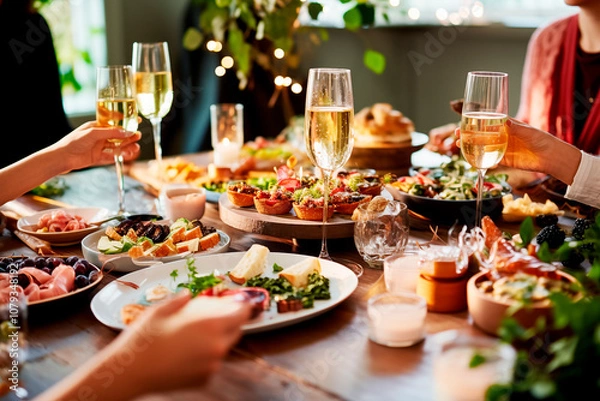 Obraz Grupo de amigos disfrutando de un aperitivo brindando con copas de champagne en la mesa del comedor con comida y bebida celebrando una fiesta de Navidad y Fin de Año. Concepto estilo de vida.