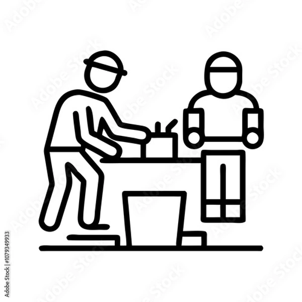 Obraz Vector icon depicting two people working together at a table, one focused on a task while the other observes in a collaborative environment