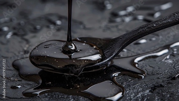 Obraz Close-up of a black spoon with thick black liquid Shilajit resin.  Natural shilajit resin is poured on top of the spoon.  Solidified shilajit in the background. 
