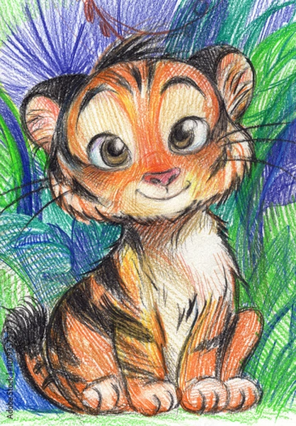 Fototapeta Pencil illustration of a lion cub in cartoon style for children isolated among bushes