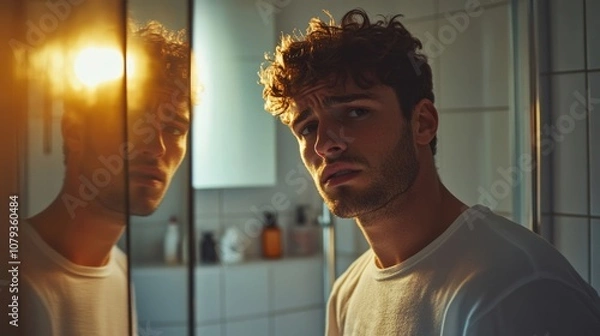 Obraz A Young Man Stares Thoughtfully into the Bathroom Mirror, Light Reflections Create an Introspective Mood