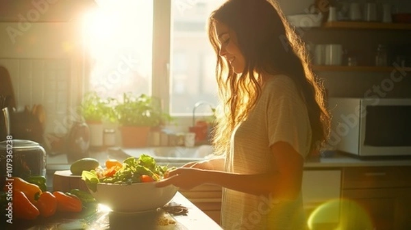 Obraz Healthy Cooking in Sunlit Kitchen: Woman Prepares Fresh Salad with Colorful Vegetables and Bright Sunlight Streaming In