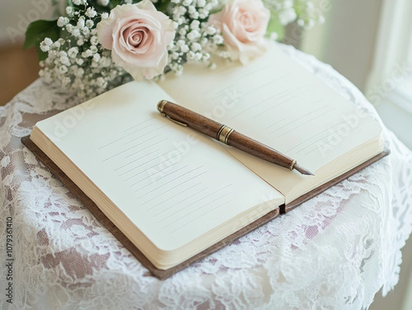 Fototapeta Elegant wedding guestbook with vintage pen on lace-covered table, adorned with soft pink roses.