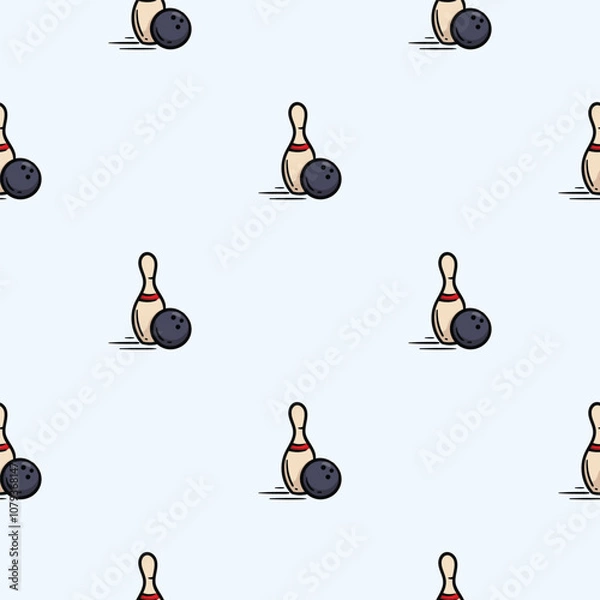 Fototapeta Vector seamless pattern with skittles and bowling ball. Hand drawn background related to board games, leisure, sports and hobbies. Set of icons, signs and symbols